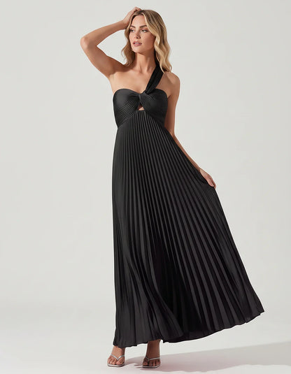 Satin Sleeveless One-Shoulder A-Line Maxi Dress for Party, Cocktail, Evening, Wedding Guest, Bridesmaid & Summer Events, fron | SKU: SMD-583920174618527-BLACK-L,SMD-583920174618527-BLACK-M,SMD-583920174618527-BLACK-S,SMD-583920174618527-BLACK-XL,SMD-583920174618527-BLACK-XS
