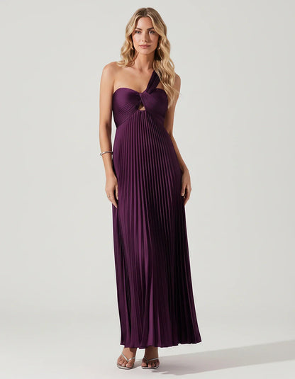 Satin Sleeveless One-Shoulder A-Line Maxi Dress for Party, Cocktail, Evening, Wedding Guest, Bridesmaid & Summer Events, fron | SKU: SMD-583920174618527-PLUM-L,SMD-583920174618527-PLUM-M,SMD-583920174618527-PLUM-S,SMD-583920174618527-PLUM-XL,SMD-583920174618527-PLUM-XS