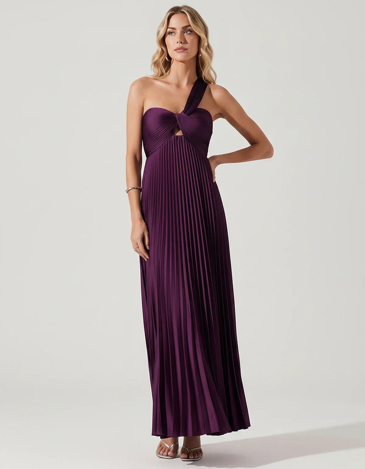 Satin Sleeveless One-Shoulder A-Line Maxi Dress for Party, Cocktail, Evening, Wedding Guest, Bridesmaid & Summer Events, fron | SKU: SMD-583920174618527-PLUM-L,SMD-583920174618527-PLUM-M,SMD-583920174618527-PLUM-S,SMD-583920174618527-PLUM-XL,SMD-583920174618527-PLUM-XS
