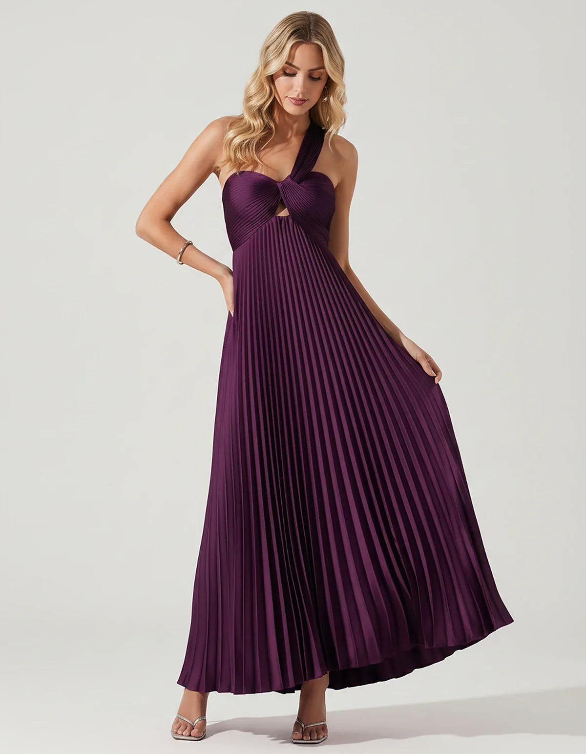 Satin Sleeveless One-Shoulder A-Line Maxi Dress for Party, Cocktail, Evening, Wedding Guest, Bridesmaid & Summer Events, fron | SKU: SMD-583920174618527-PLUM-L,SMD-583920174618527-PLUM-M,SMD-583920174618527-PLUM-S,SMD-583920174618527-PLUM-XL,SMD-583920174618527-PLUM-XS