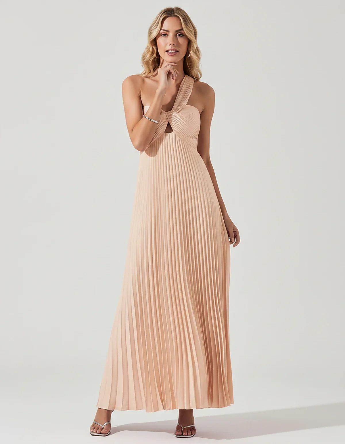 Satin Sleeveless One-Shoulder A-Line Maxi Dress for Party, Cocktail, Evening, Wedding Guest, Bridesmaid & Summer Events, fron | SKU: SMD-583920174618527-PEACH-L,SMD-583920174618527-PEACH-M,SMD-583920174618527-PEACH-S,SMD-583920174618527-PEACH-XL,SMD-583920174618527-PEACH-XS