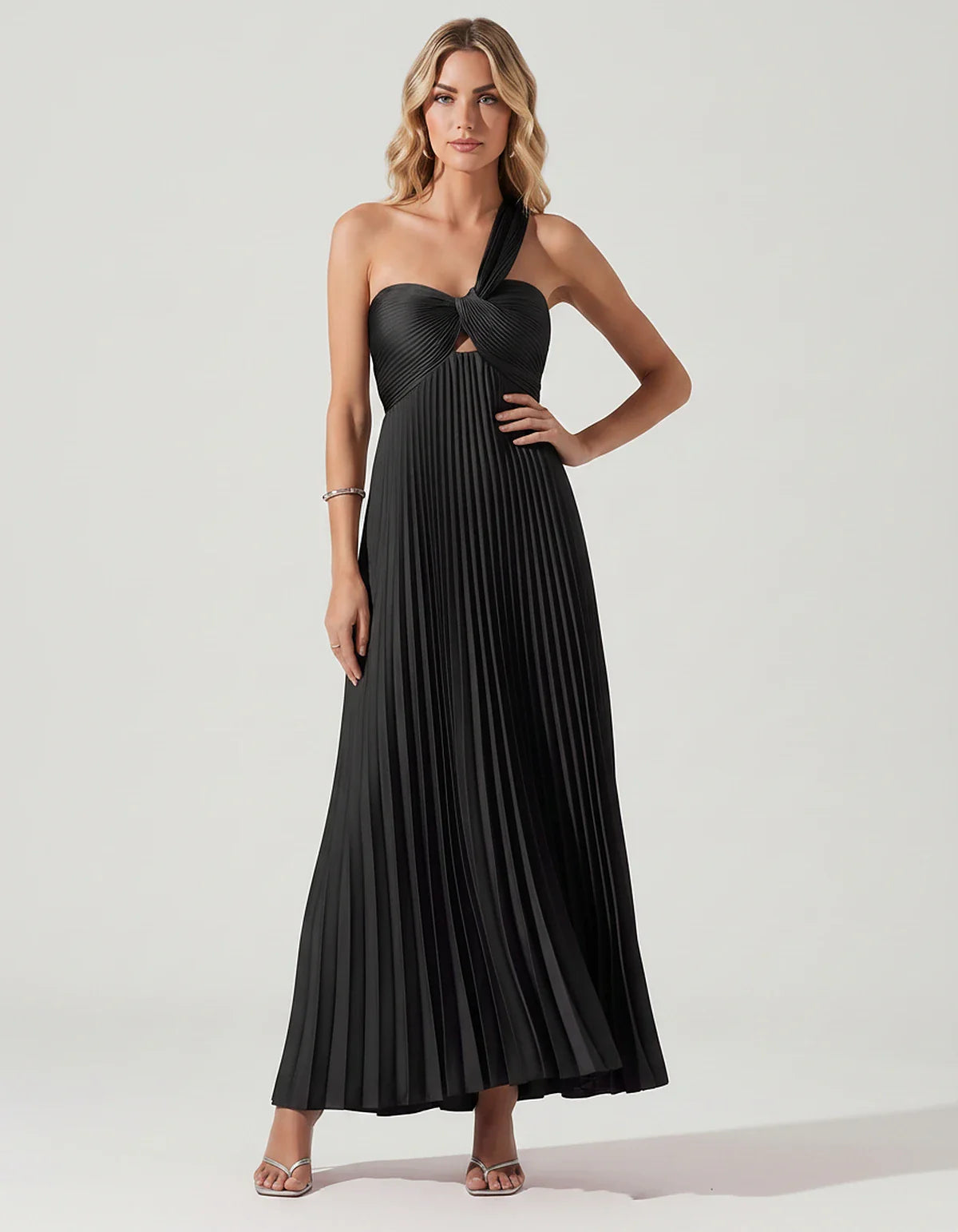Satin Sleeveless One-Shoulder A-Line Maxi Dress for Party, Cocktail, Evening, Wedding Guest, Bridesmaid & Summer Events, fron | SKU: SMD-583920174618527-BLACK-L,SMD-583920174618527-BLACK-M,SMD-583920174618527-BLACK-S,SMD-583920174618527-BLACK-XL,SMD-583920174618527-BLACK-XS