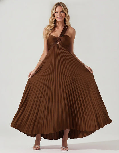 Satin Sleeveless One-Shoulder A-Line Maxi Dress for Party, Cocktail, Evening, Wedding Guest, Bridesmaid & Summer Events, fron | SKU: SMD-583920174618527-BROWN-L,SMD-583920174618527-BROWN-M,SMD-583920174618527-BROWN-S,SMD-583920174618527-BROWN-XL,SMD-583920174618527-BROWN-XS