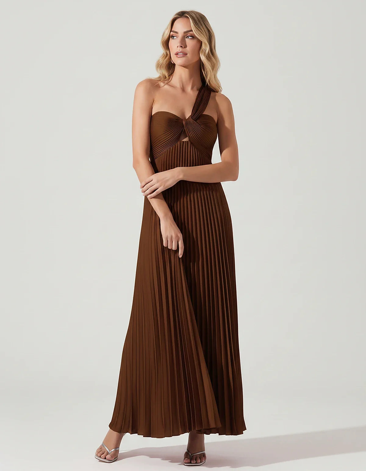 Satin Sleeveless One-Shoulder A-Line Maxi Dress for Party, Cocktail, Evening, Wedding Guest, Bridesmaid & Summer Events, fron | SKU: SMD-583920174618527-BROWN-L,SMD-583920174618527-BROWN-M,SMD-583920174618527-BROWN-S,SMD-583920174618527-BROWN-XL,SMD-583920174618527-BROWN-XS