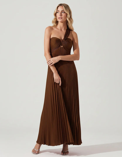 Satin Sleeveless One-Shoulder A-Line Maxi Dress for Party, Cocktail, Evening, Wedding Guest, Bridesmaid & Summer Events, fron | SKU: SMD-583920174618527-BROWN-L,SMD-583920174618527-BROWN-M,SMD-583920174618527-BROWN-S,SMD-583920174618527-BROWN-XL,SMD-583920174618527-BROWN-XS
