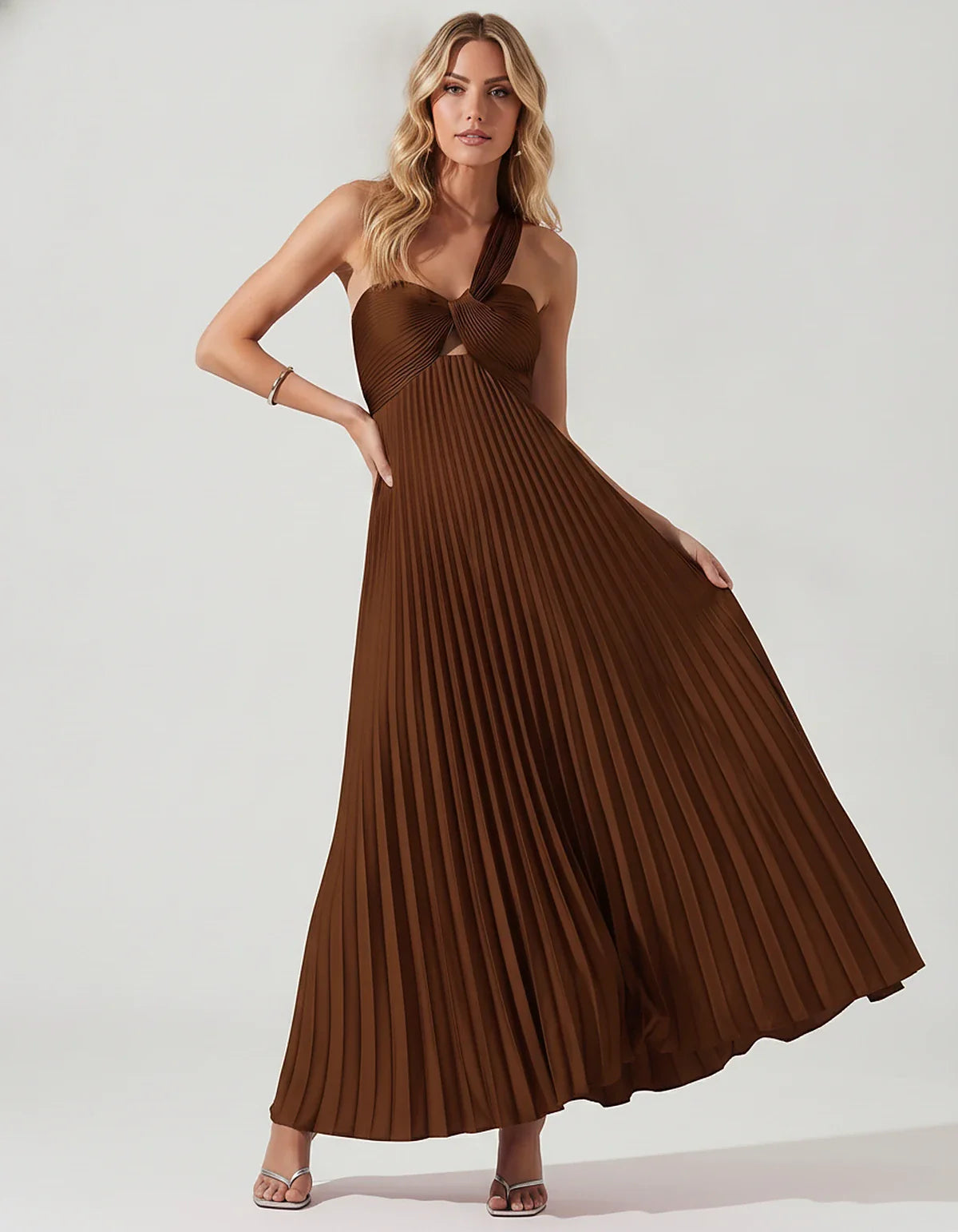 Satin Sleeveless One-Shoulder A-Line Maxi Dress for Party, Cocktail, Evening, Wedding Guest, Bridesmaid & Summer Events, fron | SKU: SMD-583920174618527-BROWN-L,SMD-583920174618527-BROWN-M,SMD-583920174618527-BROWN-S,SMD-583920174618527-BROWN-XL,SMD-583920174618527-BROWN-XS