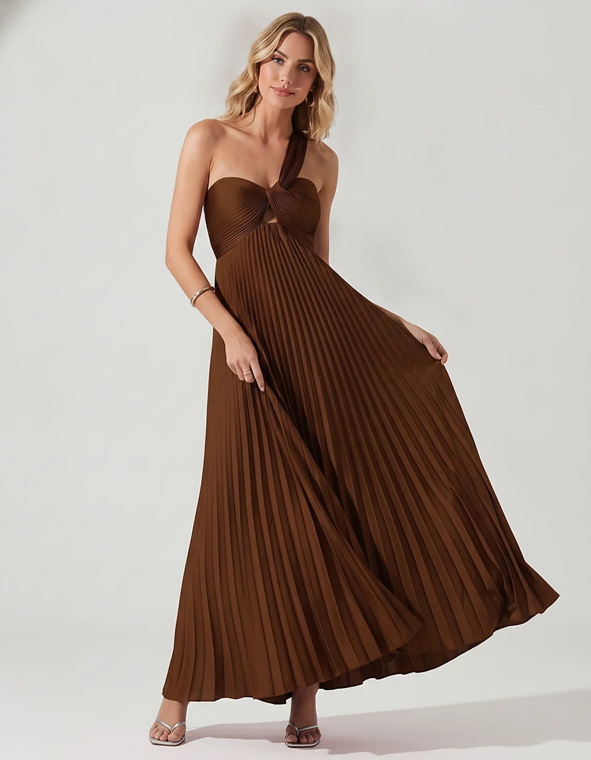 Satin Sleeveless One-Shoulder A-Line Maxi Dress for Party, Cocktail, Evening, Wedding Guest, Bridesmaid & Summer Events, fron | SKU: SMD-583920174618527-BROWN-L,SMD-583920174618527-BROWN-M,SMD-583920174618527-BROWN-S,SMD-583920174618527-BROWN-XL,SMD-583920174618527-BROWN-XS