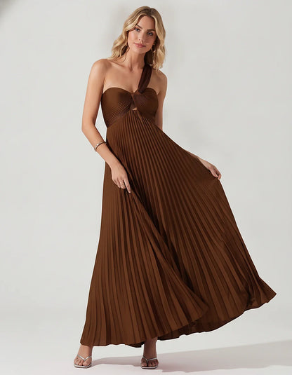 Satin Sleeveless One-Shoulder A-Line Maxi Dress for Party, Cocktail, Evening, Wedding Guest, Bridesmaid & Summer Events, fron | SKU: SMD-583920174618527-BROWN-L,SMD-583920174618527-BROWN-M,SMD-583920174618527-BROWN-S,SMD-583920174618527-BROWN-XL,SMD-583920174618527-BROWN-XS