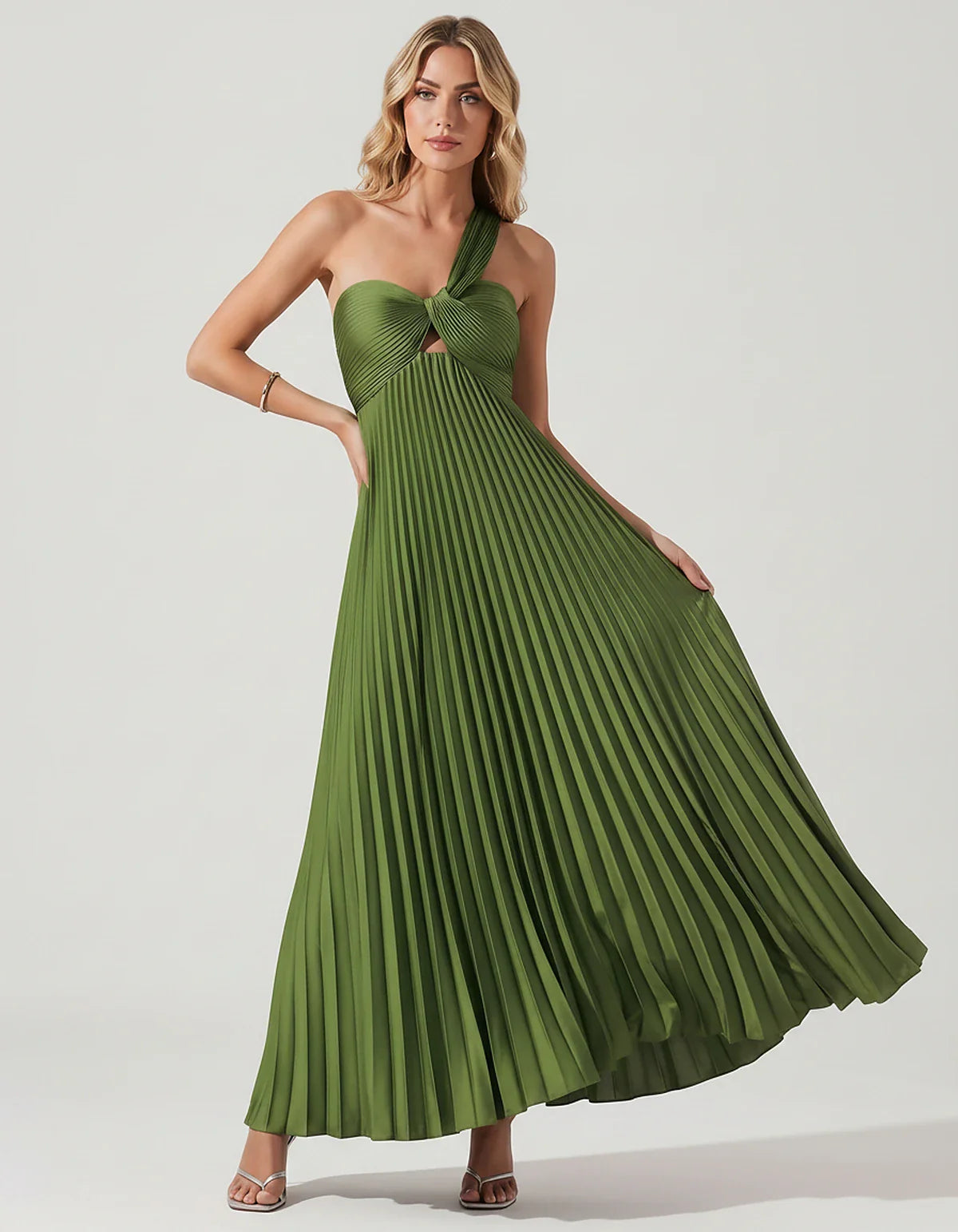Satin Sleeveless One-Shoulder A-Line Maxi Dress for Party, Cocktail, Evening, Wedding Guest, Bridesmaid & Summer Events, fron | SKU: SMD-583920174618527-ARMYGREEN-L,SMD-583920174618527-ARMYGREEN-M,SMD-583920174618527-ARMYGREEN-S,SMD-583920174618527-ARMYGREEN-XL,SMD-583920174618527-ARMYGREEN-XS