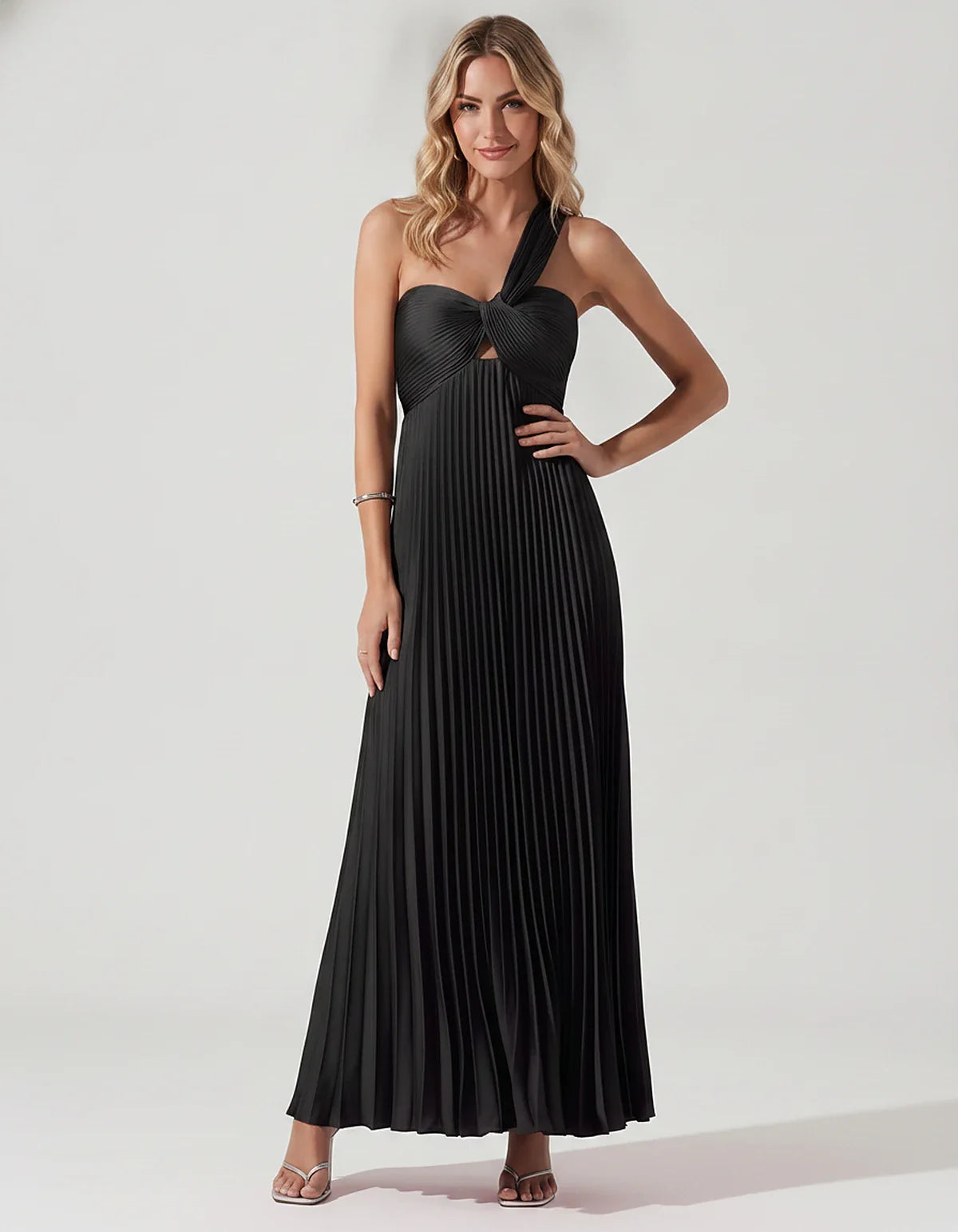 Satin Sleeveless One-Shoulder A-Line Maxi Dress for Party, Cocktail, Evening, Wedding Guest, Bridesmaid & Summer Events, fron | SKU: SMD-583920174618527-BLACK-L,SMD-583920174618527-BLACK-M,SMD-583920174618527-BLACK-S,SMD-583920174618527-BLACK-XL,SMD-583920174618527-BLACK-XS