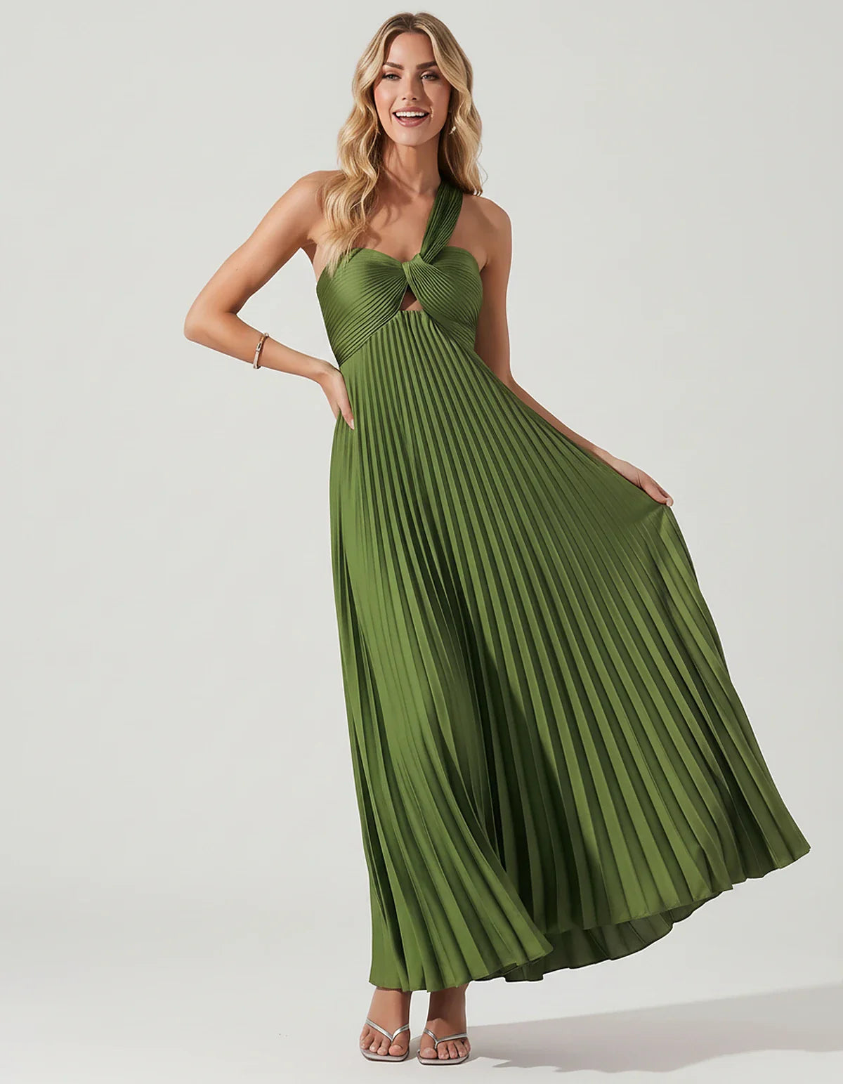 Satin Sleeveless One-Shoulder A-Line Maxi Dress for Party, Cocktail, Evening, Wedding Guest, Bridesmaid & Summer Events, fron | SKU: SMD-583920174618527-ARMYGREEN-L,SMD-583920174618527-ARMYGREEN-M,SMD-583920174618527-ARMYGREEN-S,SMD-583920174618527-ARMYGREEN-XL,SMD-583920174618527-ARMYGREEN-XS