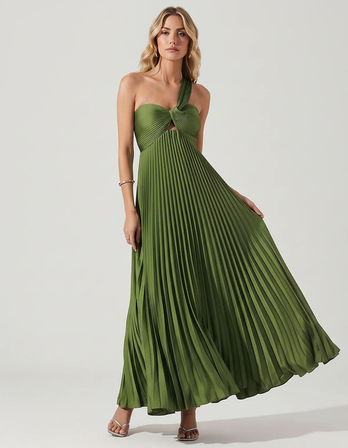 Satin Sleeveless One-Shoulder A-Line Maxi Dress for Party, Cocktail, Evening, Wedding Guest, Bridesmaid & Summer Events, fron | SKU: SMD-583920174618527-ARMYGREEN-L,SMD-583920174618527-ARMYGREEN-M,SMD-583920174618527-ARMYGREEN-S,SMD-583920174618527-ARMYGREEN-XL,SMD-583920174618527-ARMYGREEN-XS