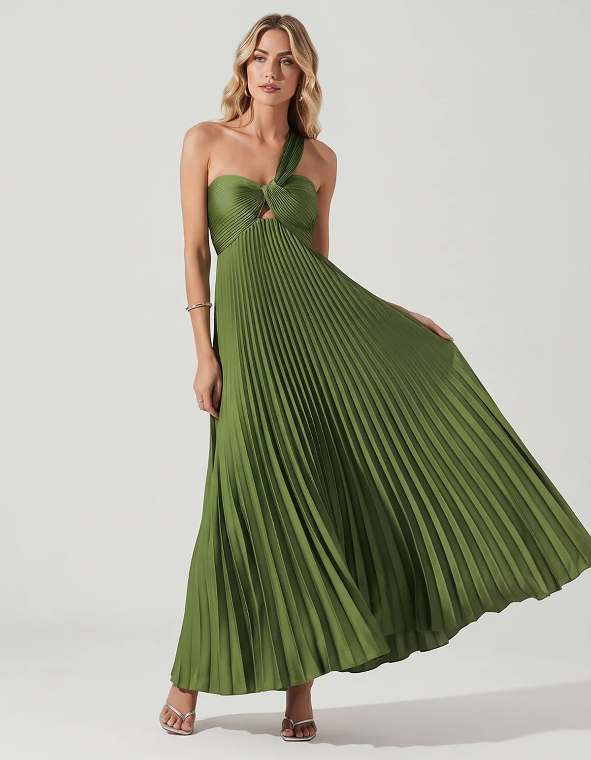 Satin Sleeveless One-Shoulder A-Line Maxi Dress for Party, Cocktail, Evening, Wedding Guest, Bridesmaid & Summer Events, fron | SKU: SMD-583920174618527-ARMYGREEN-L,SMD-583920174618527-ARMYGREEN-M,SMD-583920174618527-ARMYGREEN-S,SMD-583920174618527-ARMYGREEN-XL,SMD-583920174618527-ARMYGREEN-XS