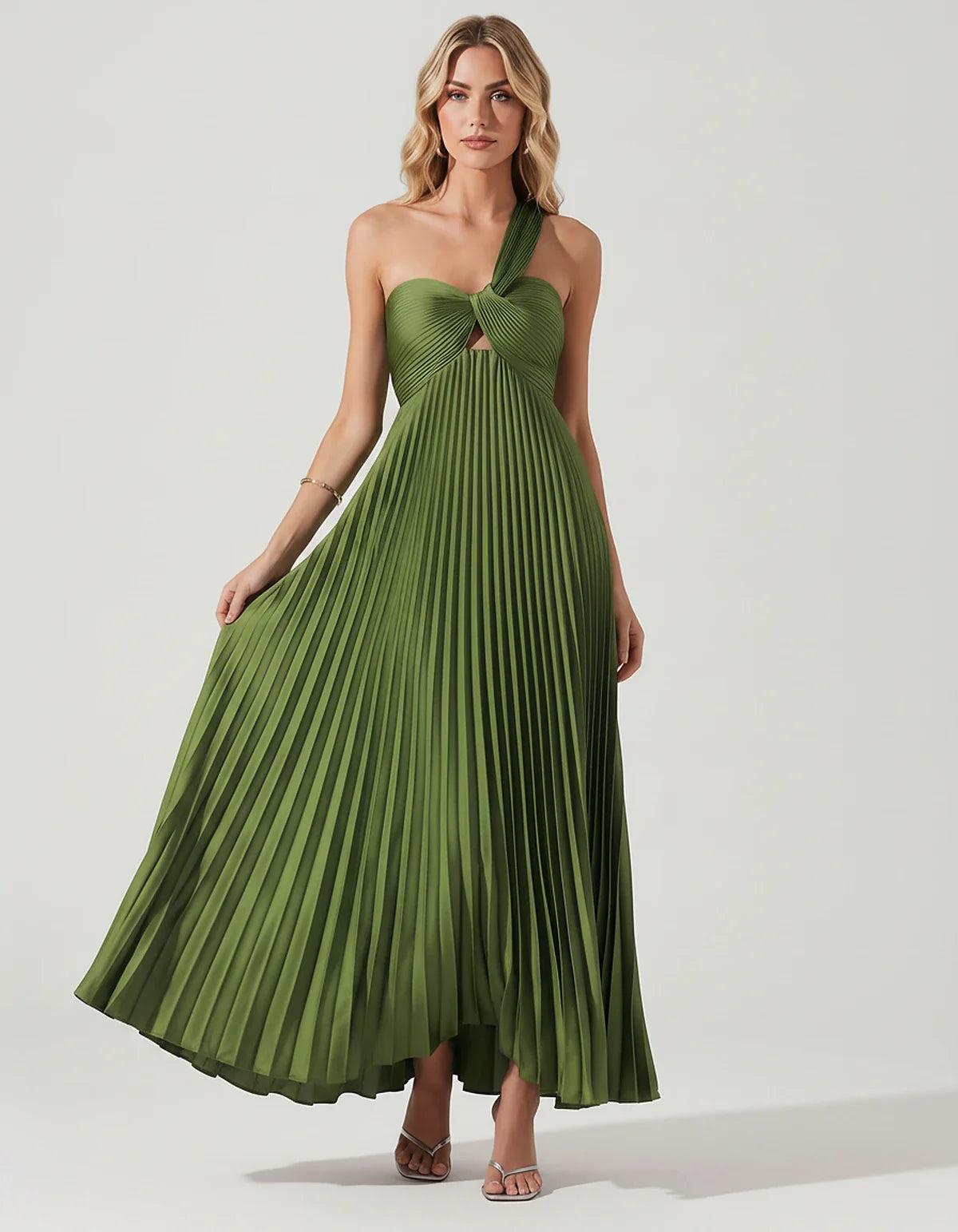 Satin Sleeveless One-Shoulder A-Line Maxi Dress for Party, Cocktail, Evening, Wedding Guest, Bridesmaid & Summer Events, fron | SKU: SMD-583920174618527-ARMYGREEN-L,SMD-583920174618527-ARMYGREEN-M,SMD-583920174618527-ARMYGREEN-S,SMD-583920174618527-ARMYGREEN-XL,SMD-583920174618527-ARMYGREEN-XS