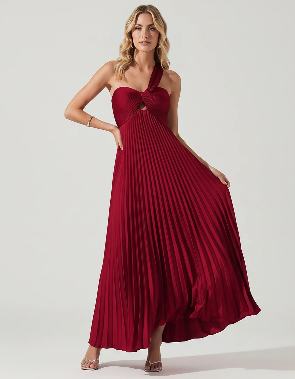 Satin Sleeveless One-Shoulder A-Line Maxi Dress for Party, Cocktail, Evening, Wedding Guest, Bridesmaid & Summer Events, fron | SKU: SMD-583920174618527-WINE-L,SMD-583920174618527-WINE-M,SMD-583920174618527-WINE-S,SMD-583920174618527-WINE-XL,SMD-583920174618527-WINE-XS