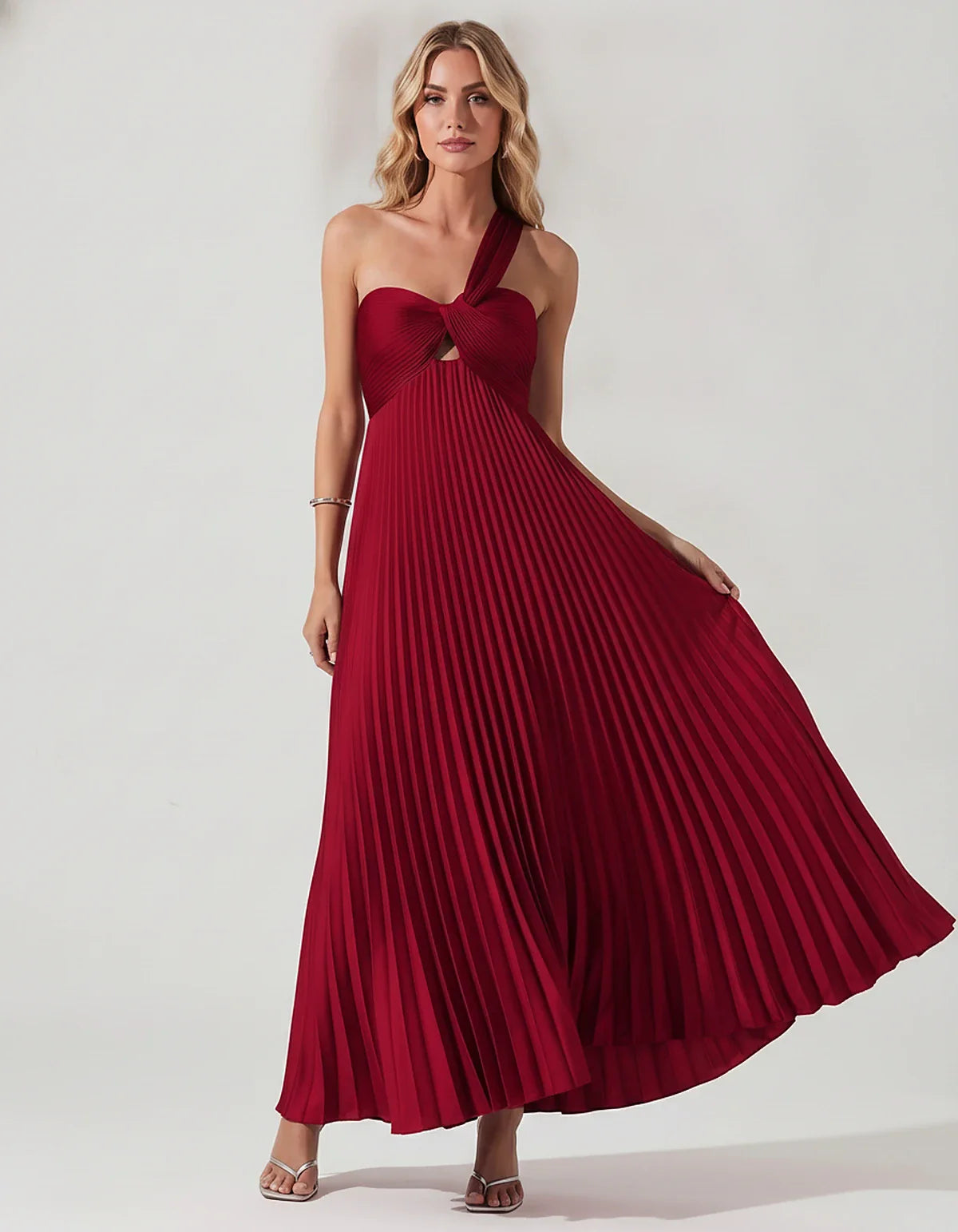 Satin Sleeveless One-Shoulder A-Line Maxi Dress for Party, Cocktail, Evening, Wedding Guest, Bridesmaid & Summer Events, fron | SKU: SMD-583920174618527-WINE-L,SMD-583920174618527-WINE-M,SMD-583920174618527-WINE-S,SMD-583920174618527-WINE-XL,SMD-583920174618527-WINE-XS