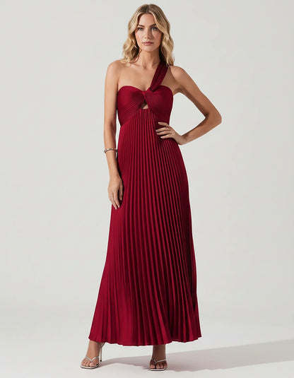 Satin Sleeveless One-Shoulder A-Line Maxi Dress for Party, Cocktail, Evening, Wedding Guest, Bridesmaid & Summer Events, fron | SKU: SMD-583920174618527-WINE-L,SMD-583920174618527-WINE-M,SMD-583920174618527-WINE-S,SMD-583920174618527-WINE-XL,SMD-583920174618527-WINE-XS