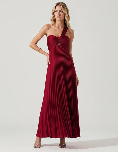 Satin Sleeveless One-Shoulder A-Line Maxi Dress for Party, Cocktail, Evening, Wedding Guest, Bridesmaid & Summer Events, fron | SKU: SMD-583920174618527-WINE-L,SMD-583920174618527-WINE-M,SMD-583920174618527-WINE-S,SMD-583920174618527-WINE-XL,SMD-583920174618527-WINE-XS