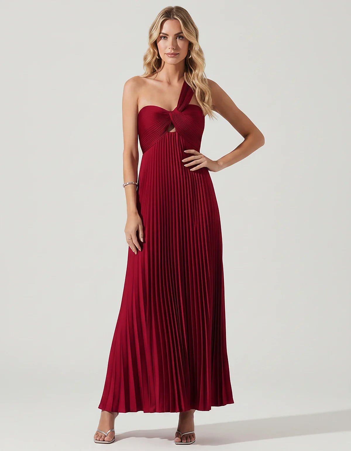 Satin Sleeveless One-Shoulder A-Line Maxi Dress for Party, Cocktail, Evening, Wedding Guest, Bridesmaid & Summer Events, fron | SKU: SMD-583920174618527-WINE-L,SMD-583920174618527-WINE-M,SMD-583920174618527-WINE-S,SMD-583920174618527-WINE-XL,SMD-583920174618527-WINE-XS