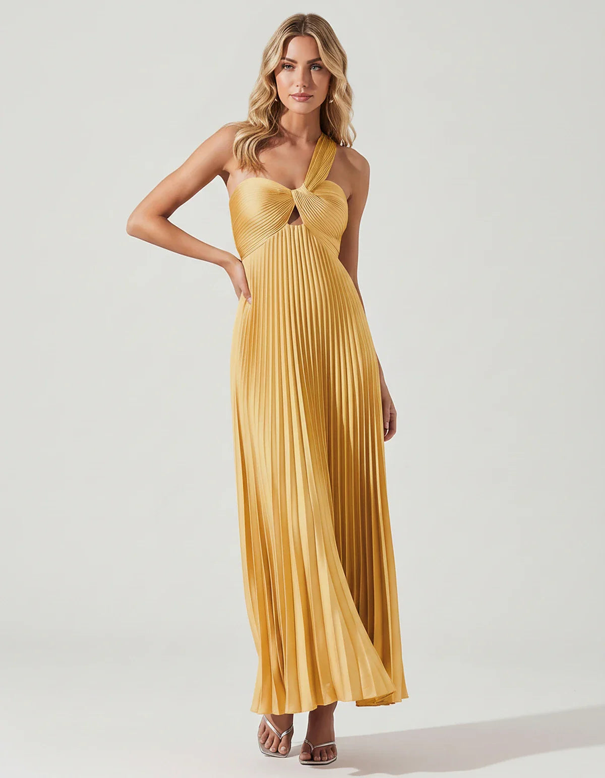 Satin Sleeveless One-Shoulder A-Line Maxi Dress for Party, Cocktail, Evening, Wedding Guest, Bridesmaid & Summer Events, fron | SKU: SMD-583920174618527-GOLD-L,SMD-583920174618527-GOLD-M,SMD-583920174618527-GOLD-S,SMD-583920174618527-GOLD-XL,SMD-583920174618527-GOLD-XS