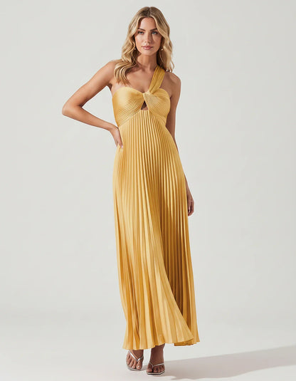 Satin Sleeveless One-Shoulder A-Line Maxi Dress for Party, Cocktail, Evening, Wedding Guest, Bridesmaid & Summer Events, fron | SKU: SMD-583920174618527-GOLD-L,SMD-583920174618527-GOLD-M,SMD-583920174618527-GOLD-S,SMD-583920174618527-GOLD-XL,SMD-583920174618527-GOLD-XS