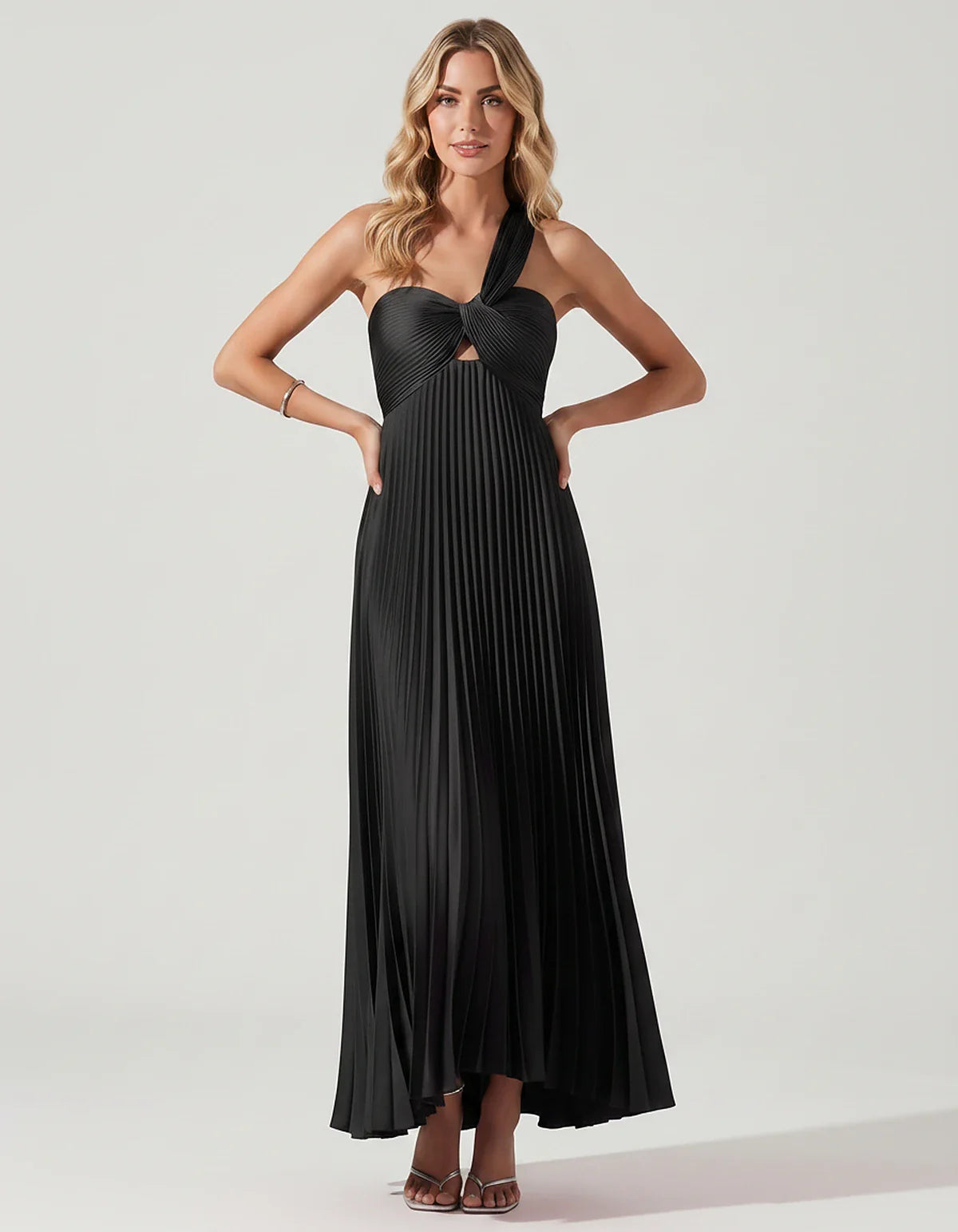 Satin Sleeveless One-Shoulder A-Line Maxi Dress for Party, Cocktail, Evening, Wedding Guest, Bridesmaid & Summer Events, fron | SKU: SMD-583920174618527-BLACK-L,SMD-583920174618527-BLACK-M,SMD-583920174618527-BLACK-S,SMD-583920174618527-BLACK-XL,SMD-583920174618527-BLACK-XS