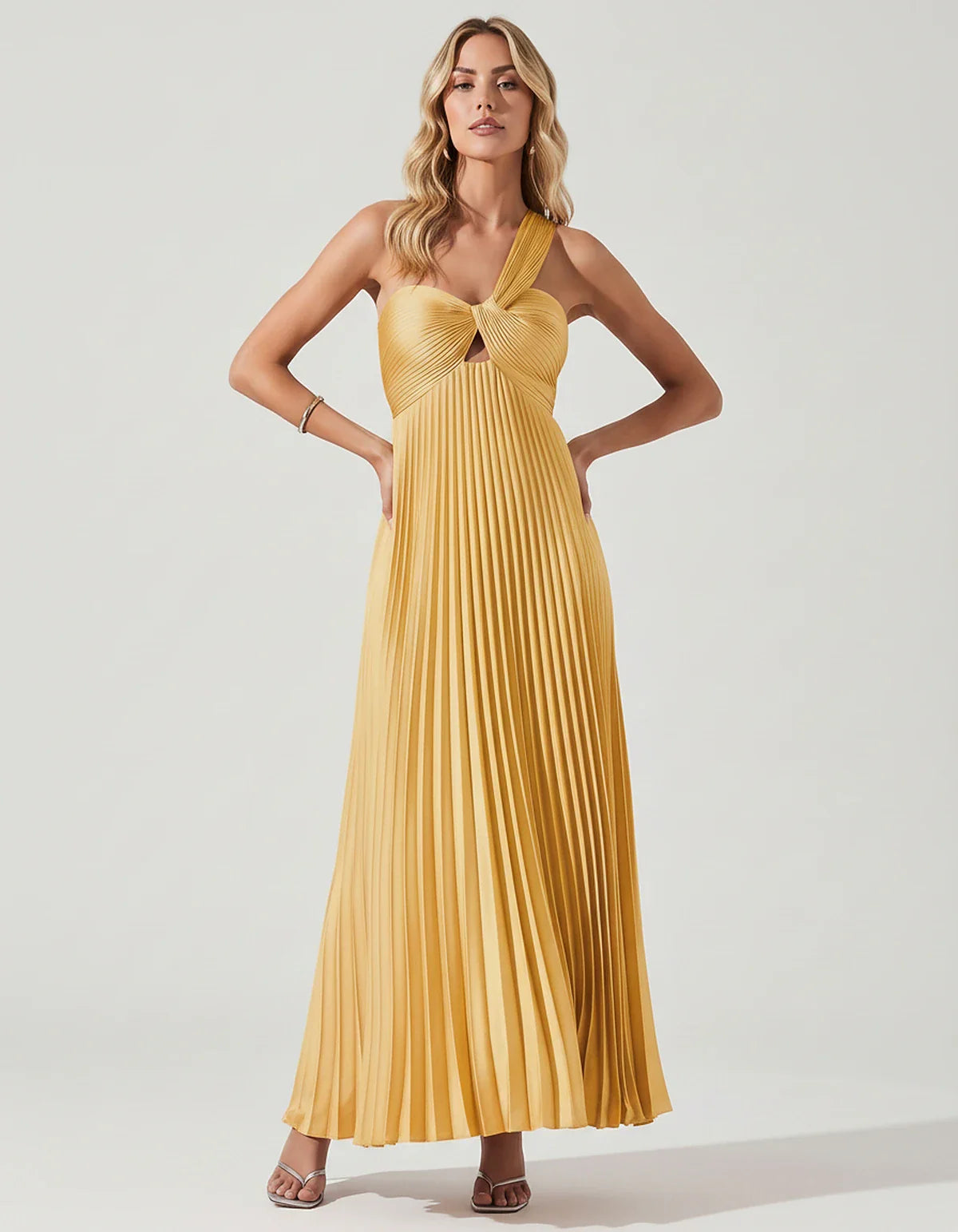 Satin Sleeveless One-Shoulder A-Line Maxi Dress for Party, Cocktail, Evening, Wedding Guest, Bridesmaid & Summer Events, fron | SKU: SMD-583920174618527-GOLD-L,SMD-583920174618527-GOLD-M,SMD-583920174618527-GOLD-S,SMD-583920174618527-GOLD-XL,SMD-583920174618527-GOLD-XS