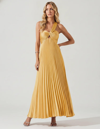 Satin Sleeveless One-Shoulder A-Line Maxi Dress for Party, Cocktail, Evening, Wedding Guest, Bridesmaid & Summer Events, fron | SKU: SMD-583920174618527-GOLD-L,SMD-583920174618527-GOLD-M,SMD-583920174618527-GOLD-S,SMD-583920174618527-GOLD-XL,SMD-583920174618527-GOLD-XS
