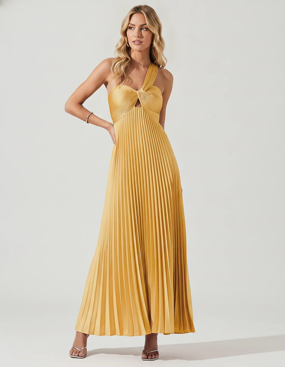 Satin Sleeveless One-Shoulder A-Line Maxi Dress for Party, Cocktail, Evening, Wedding Guest, Bridesmaid & Summer Events, fron | SKU: SMD-583920174618527-GOLD-L,SMD-583920174618527-GOLD-M,SMD-583920174618527-GOLD-S,SMD-583920174618527-GOLD-XL,SMD-583920174618527-GOLD-XS