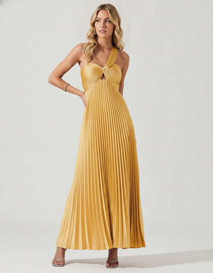 Satin Sleeveless One-Shoulder A-Line Maxi Dress for Party, Cocktail, Evening, Wedding Guest, Bridesmaid & Summer Events, fron | SKU: SMD-583920174618527-GOLD-L,SMD-583920174618527-GOLD-M,SMD-583920174618527-GOLD-S,SMD-583920174618527-GOLD-XL,SMD-583920174618527-GOLD-XS