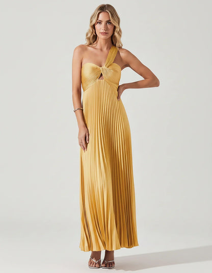 Satin Sleeveless One-Shoulder A-Line Maxi Dress for Party, Cocktail, Evening, Wedding Guest, Bridesmaid & Summer Events, fron | SKU: SMD-583920174618527-GOLD-L,SMD-583920174618527-GOLD-M,SMD-583920174618527-GOLD-S,SMD-583920174618527-GOLD-XL,SMD-583920174618527-GOLD-XS