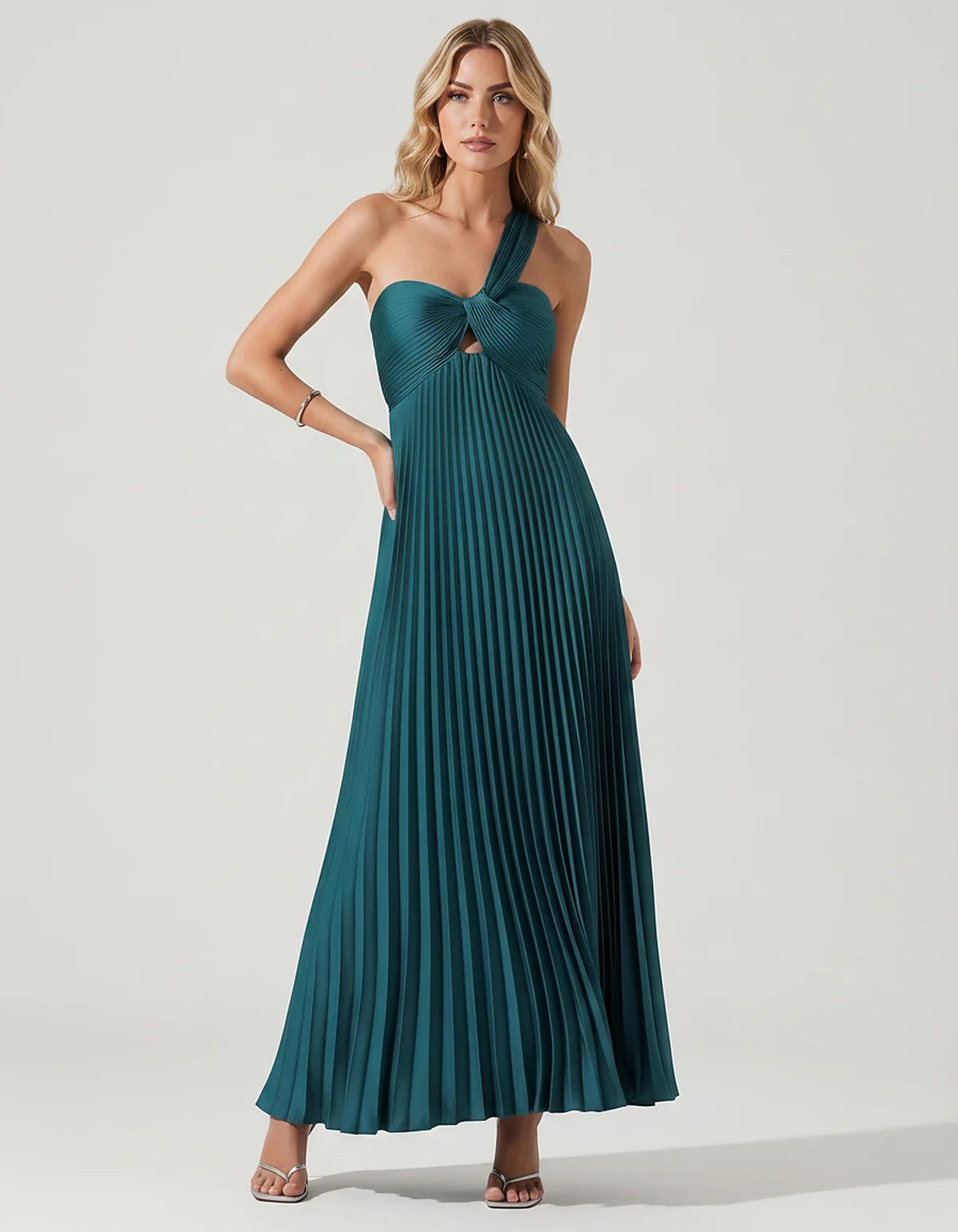 Satin Sleeveless One-Shoulder A-Line Maxi Dress for Party, Cocktail, Evening, Wedding Guest, Bridesmaid & Summer Events, fron | SKU: SMD-583920174618527-BLUEGREEN-L,SMD-583920174618527-BLUEGREEN-M,SMD-583920174618527-BLUEGREEN-S,SMD-583920174618527-BLUEGREEN-XL,SMD-583920174618527-BLUEGREEN-XS