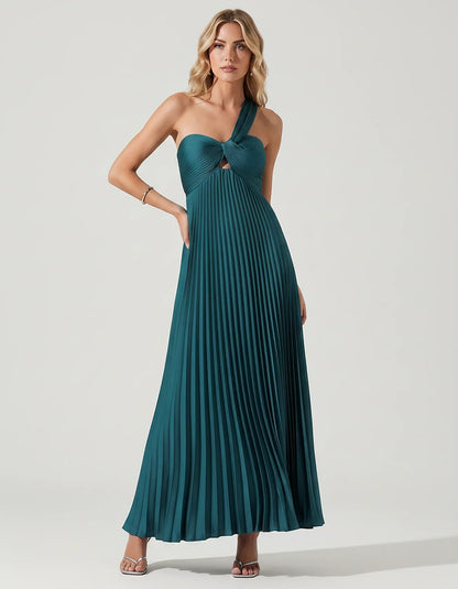 Satin Sleeveless One-Shoulder A-Line Maxi Dress for Party, Cocktail, Evening, Wedding Guest, Bridesmaid & Summer Events, fron | SKU: SMD-583920174618527-BLUEGREEN-L,SMD-583920174618527-BLUEGREEN-M,SMD-583920174618527-BLUEGREEN-S,SMD-583920174618527-BLUEGREEN-XL,SMD-583920174618527-BLUEGREEN-XS
