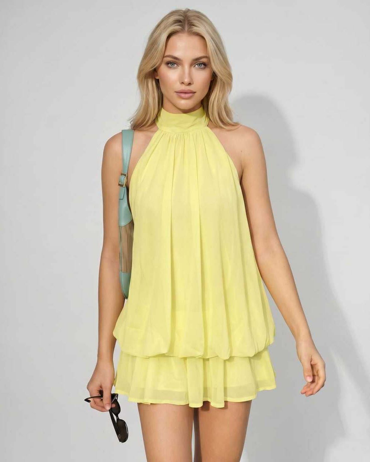 Ramblion Solina mini dress — tie-neck neckline · front view · styled for prom season