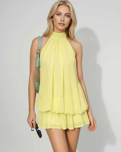 Ramblion Solina mini dress — tie-neck neckline · side detail · styled for prom season