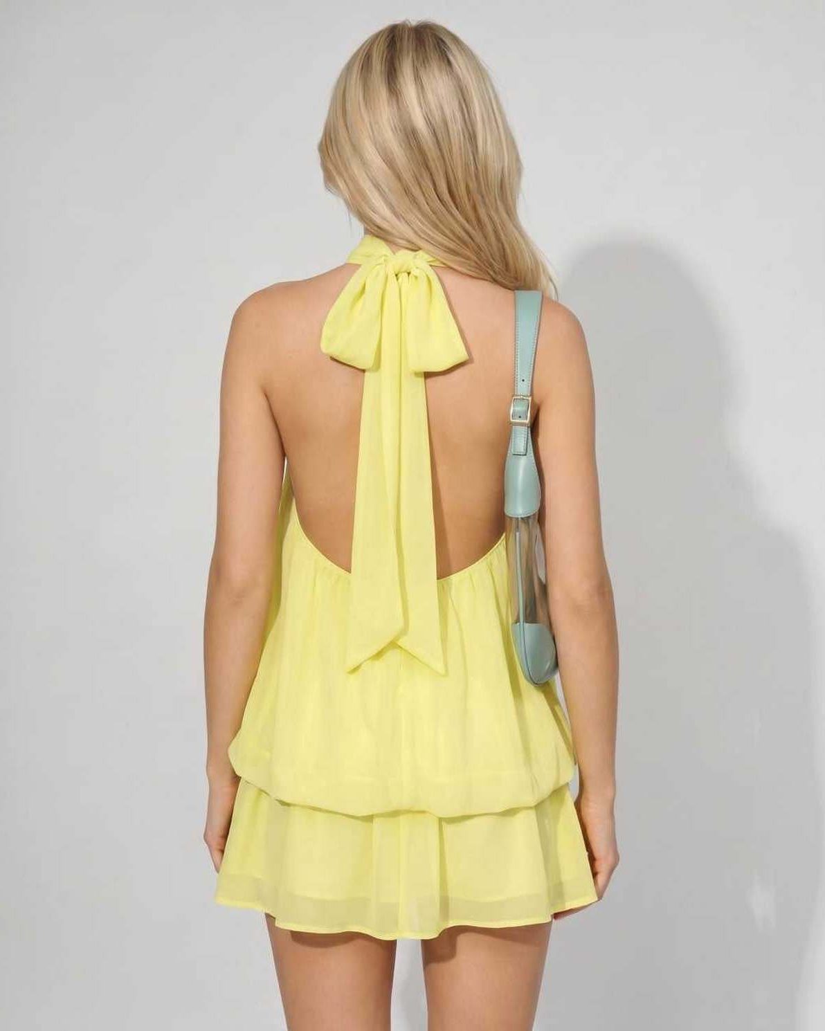 Ramblion Solina mini dress — tie-neck neckline · styled view 6 · styled for prom season