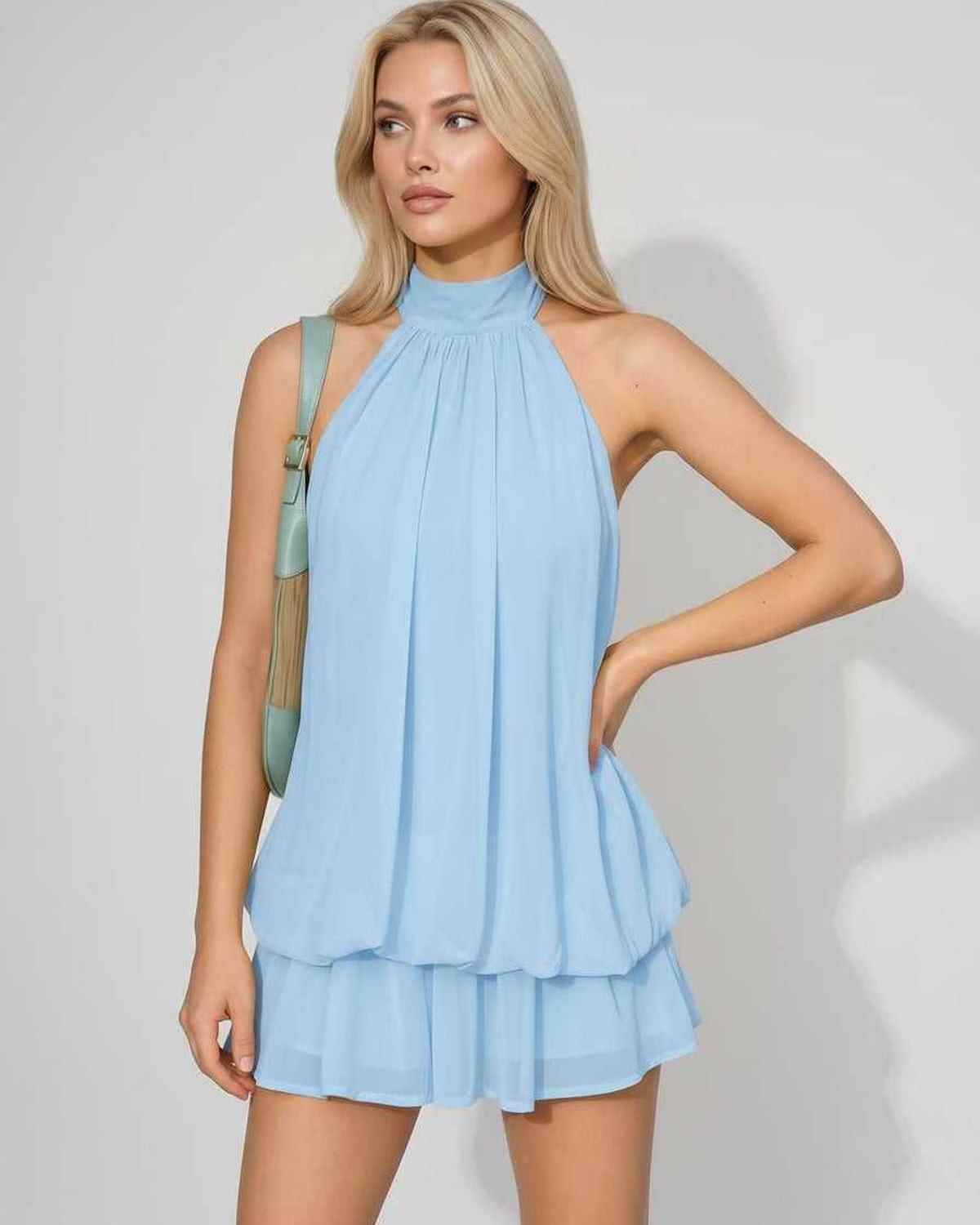 Ramblion Solina mini dress — tie-neck neckline · styled view 12 · styled for prom season