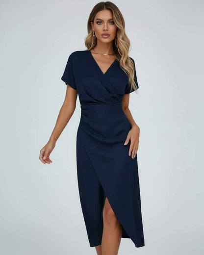 Sova Midi Dress in navy, V neck, elegant style for special occasions, by RAMBLION, showcasing sophisticated satin fabric.