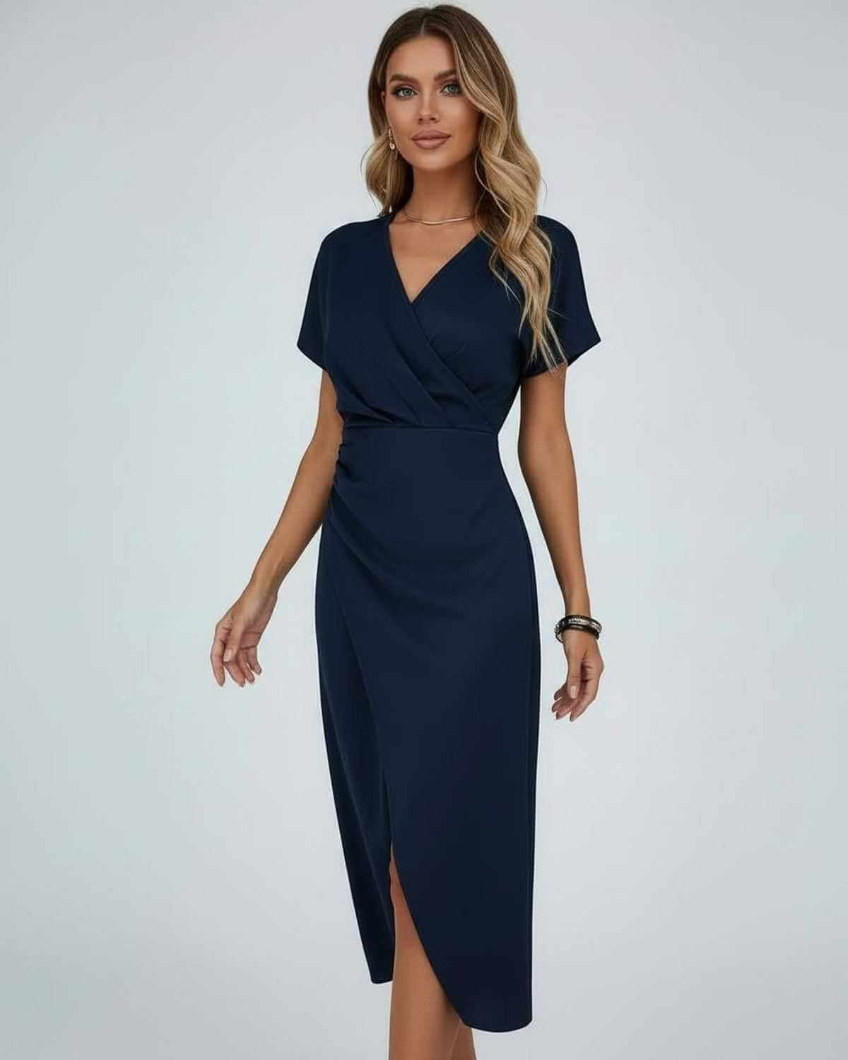 Sova Midi Dress in navy, elegant V neck, 100% polyester satin, perfect for special occasions by RAMBLION.