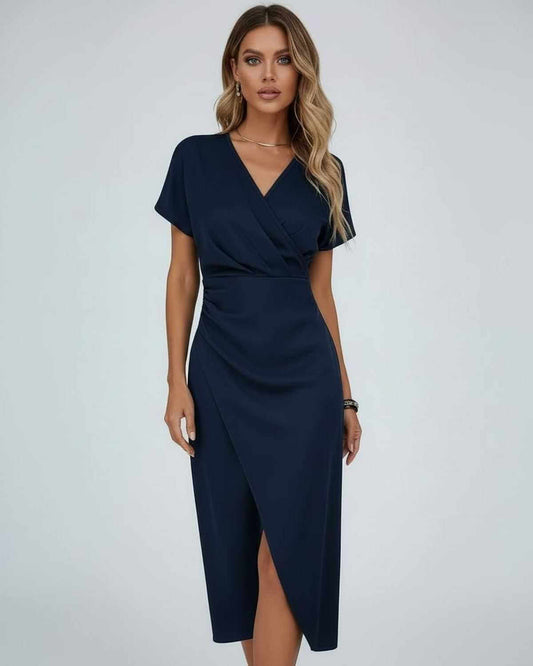 Sova Midi Dress - Navy blue satin midi-length dress with V-neck, elegant fit, perfect for special occasions by RAMBLION.
