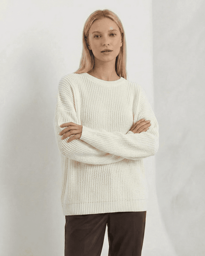 Sova Sweater by RAMBLION, white loose knit, soft feel, perfect for cozy fall occasions.