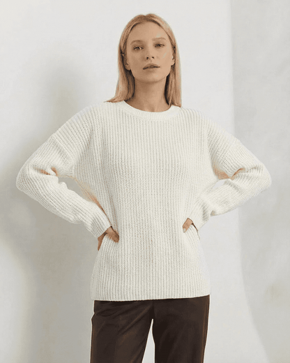 Sova Sweater by RAMBLION, soft white knitted round neck design for cozy fall occasions, loose fit for comfort.
