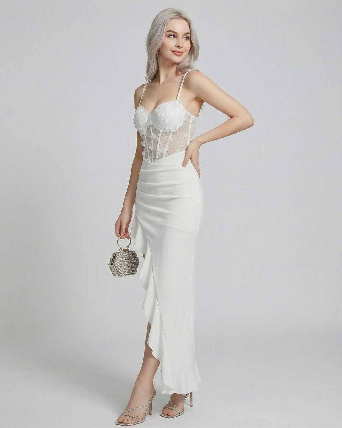 Soya Maxi Dress by RAMBLION, white velvet fabric, asymmetrical silhouette, elegant for special occasions.
