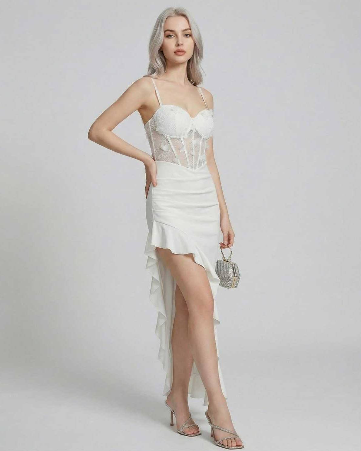 Soya Maxi Dress by RAMBLION, white velvet, corset detailing, elegant, perfect for special occasions.