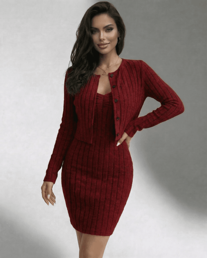 Suma Set featuring a luxurious red bodycon dress and matching cardigan by RAMBLION, perfect for elegant occasions.