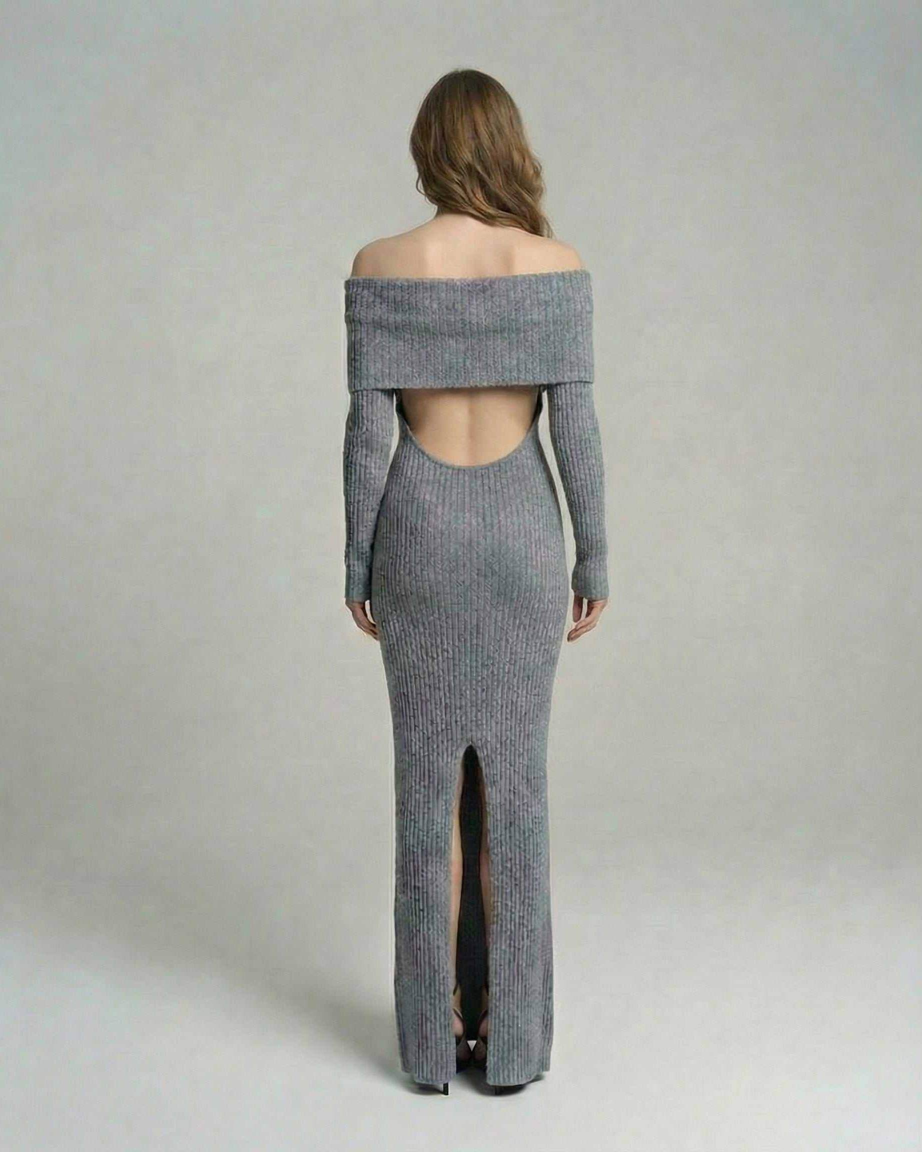 Tagi Maxi Dress in grey, off-shoulder design showcasing ribbed texture, perfect for elegant occasions, by RAMBLION.