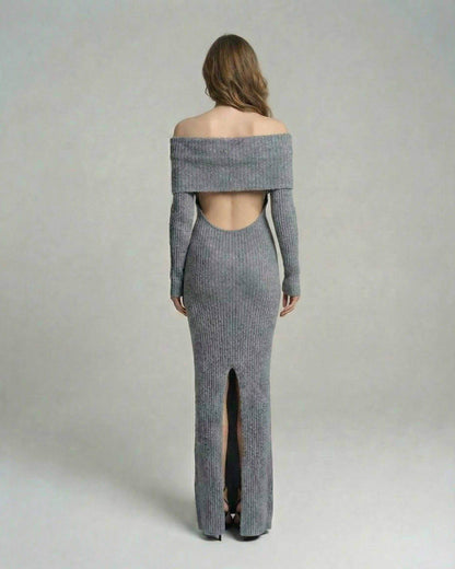 Tagi Maxi Dress in grey, off-shoulder design showcasing ribbed texture, perfect for elegant occasions, by RAMBLION.