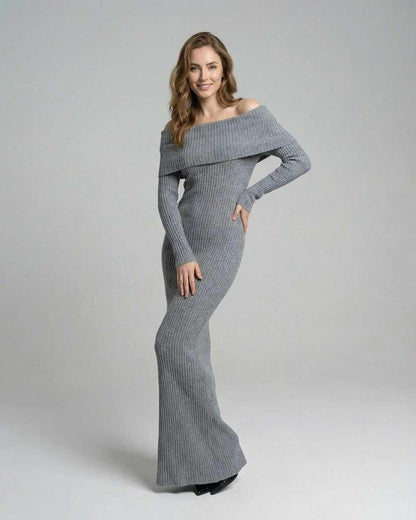 Tagi Maxi Dress by RAMBLION, grey ankle-length dress, off-shoulder, ribbed polyester, chic elegance for formal occasions.