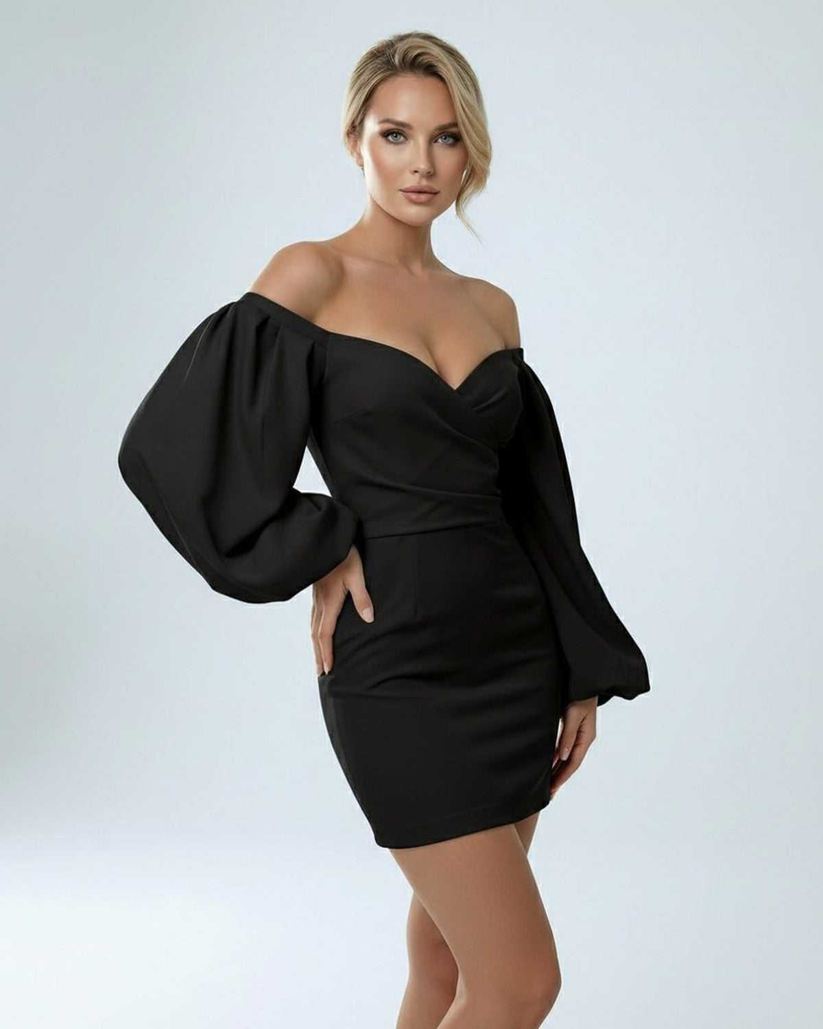 Tagi Mini Dress in black, off-shoulder, luxurious satin, perfect for elegant occasions, by RAMBLION.