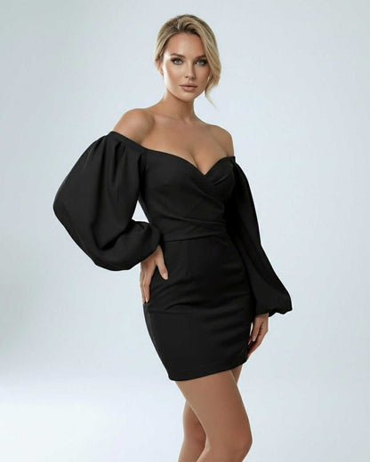 Tagi Mini Dress in black, off-shoulder, luxurious satin, perfect for elegant occasions, by RAMBLION.